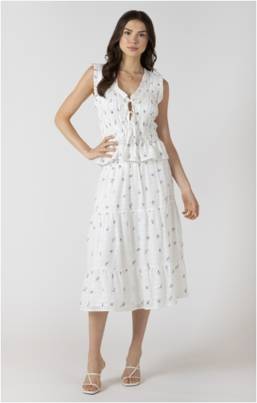 SMOCK DETAIL DAINTY ROSE TIE-FRONT TOP - WHITE