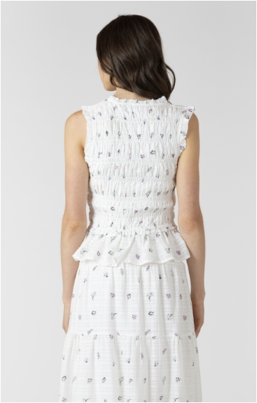 SMOCK DETAIL DAINTY ROSE TIE-FRONT TOP - WHITE