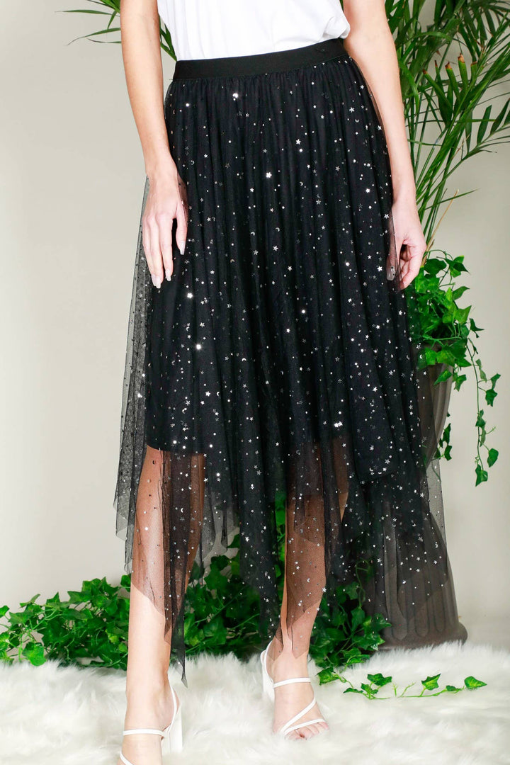 STAR PATTERNED TULLE MIDI SKIRT - BLACK