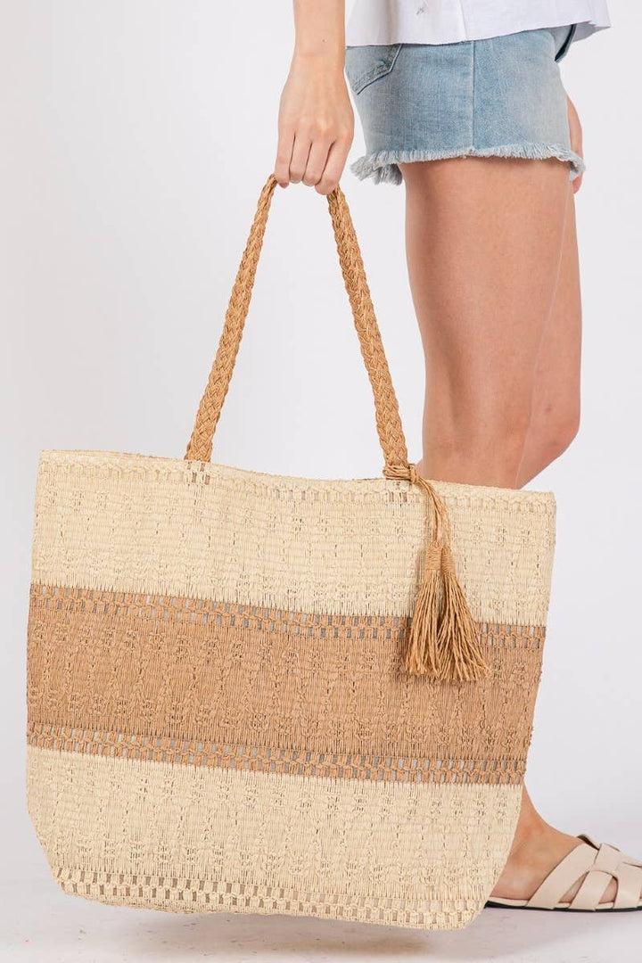 TWO TONE WOVEN TOTE BAG - TAUPE