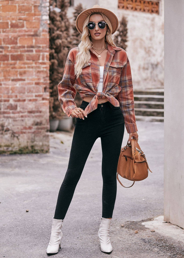 PLAID BUTTON DOWN LONG SLEEVE SHIRT - ORANGE