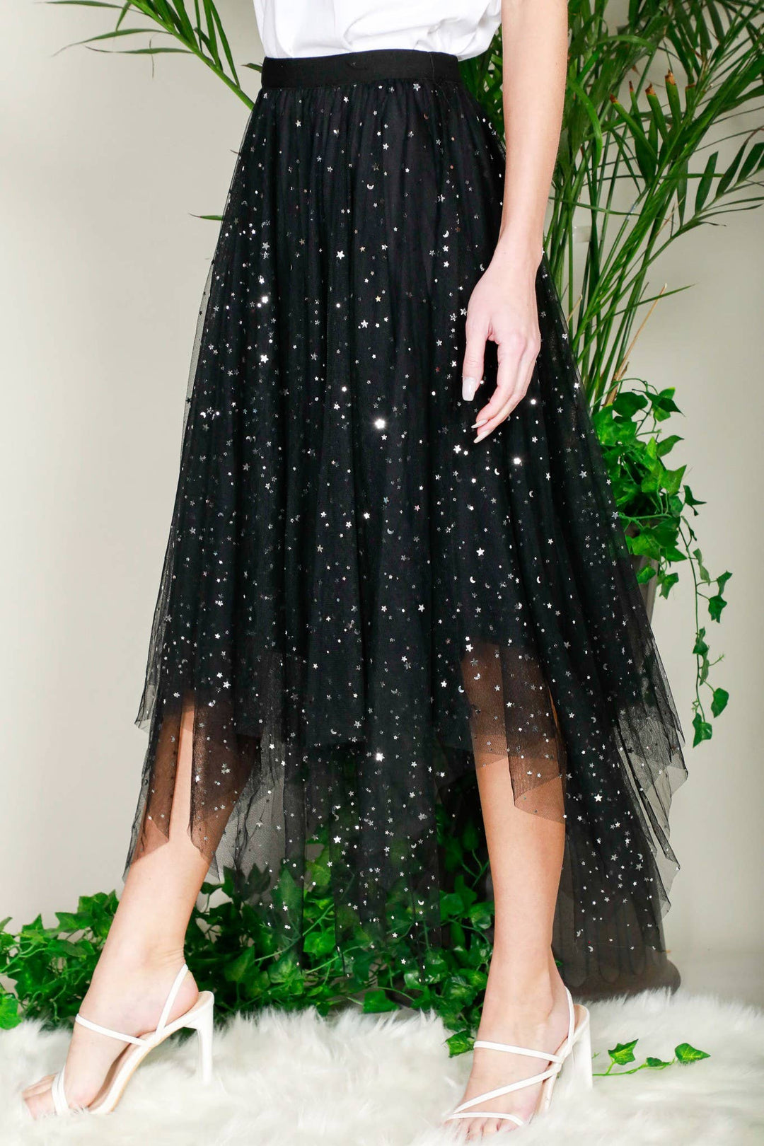 STAR PATTERNED TULLE MIDI SKIRT - BLACK