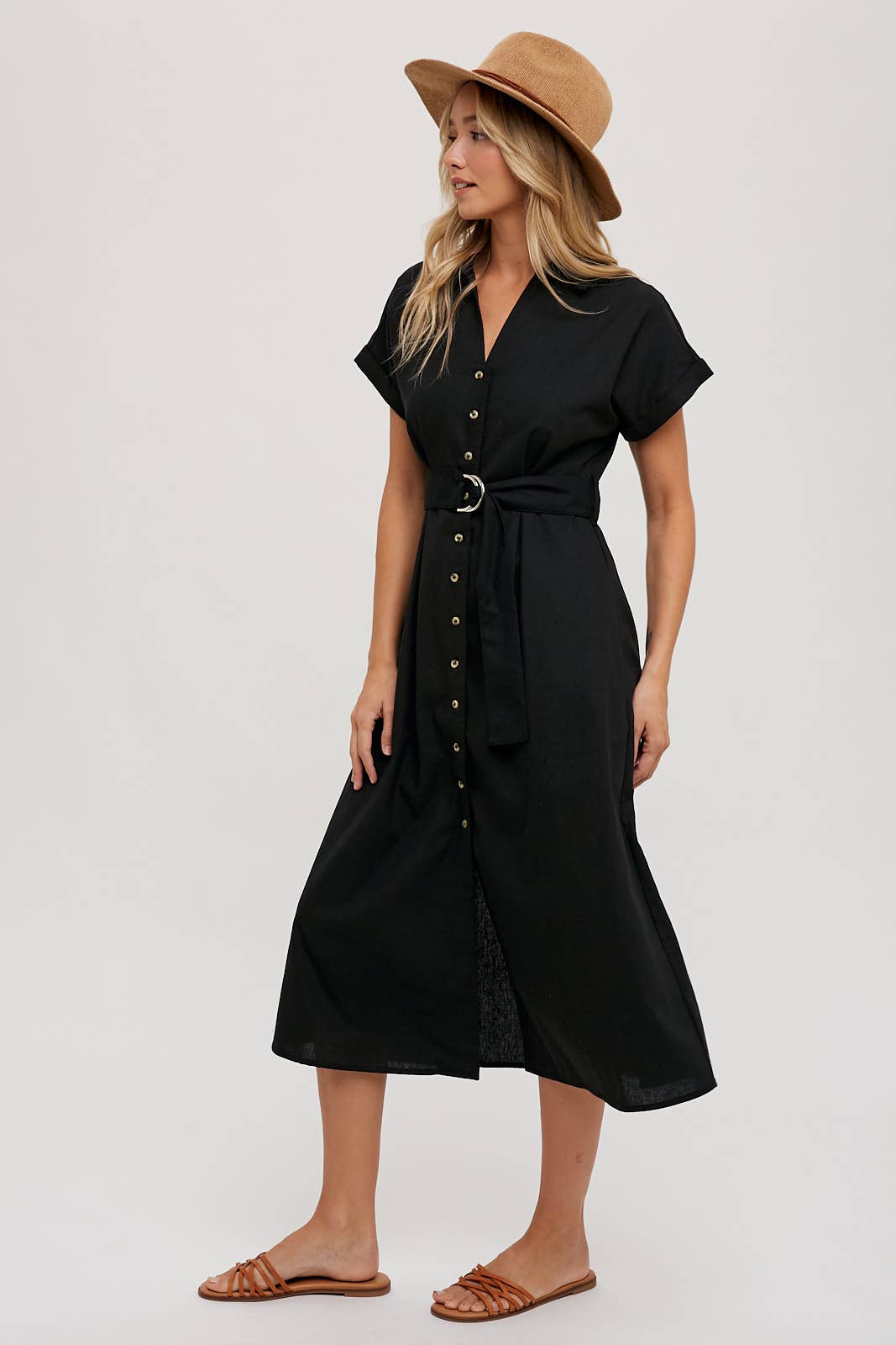 BUTTON DOWN BELTED MIDI DRESS - BLACK