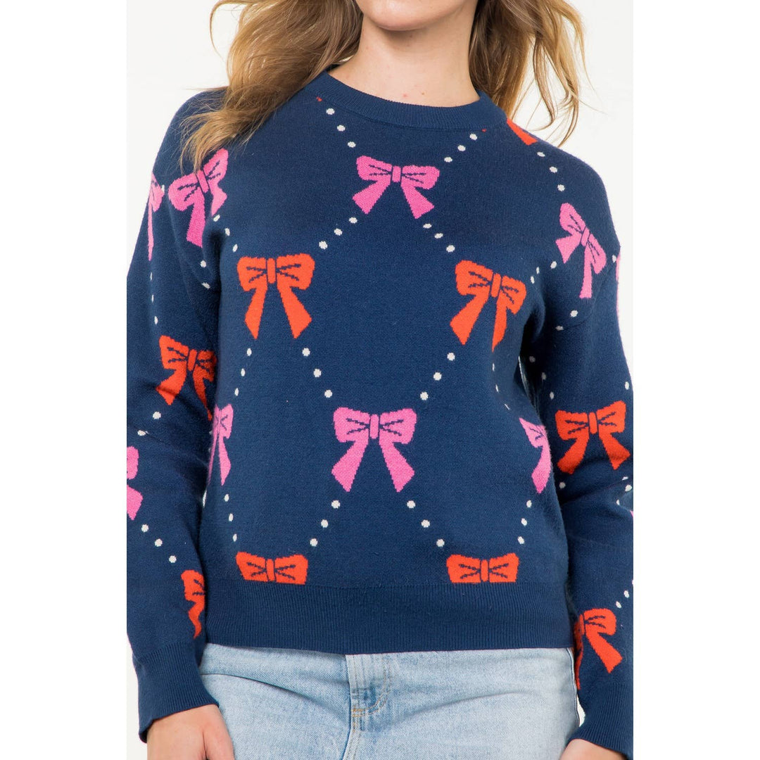 RIBBONS + BOWS KNIT SWEATER - NAVY