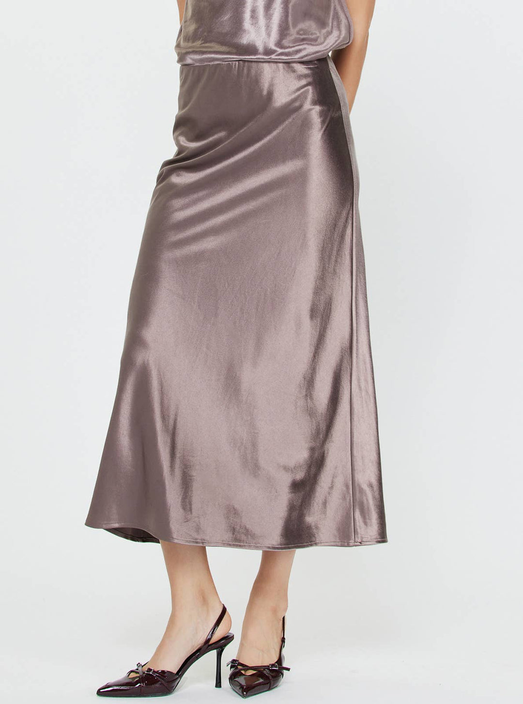 SATIN SLIP MIDI SKIRT - MAUVE BROWN