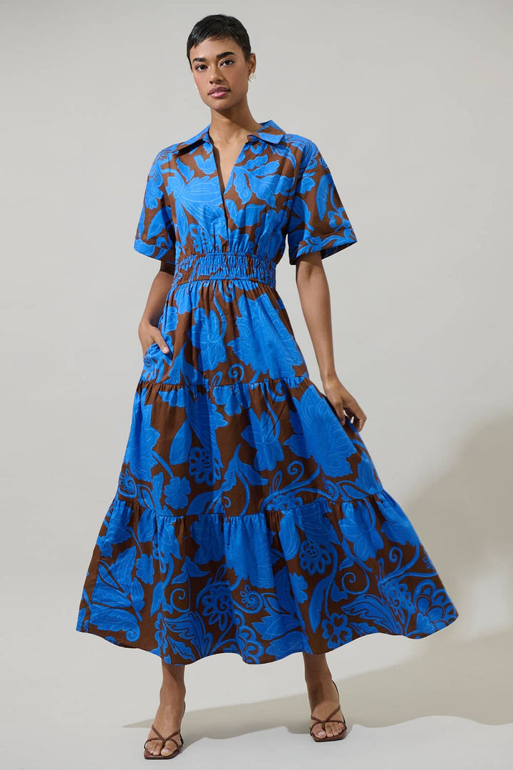 OFELIA FLORAL MILAH TIERED COLLARED MAXI DRESS - BLUE + BROWN
