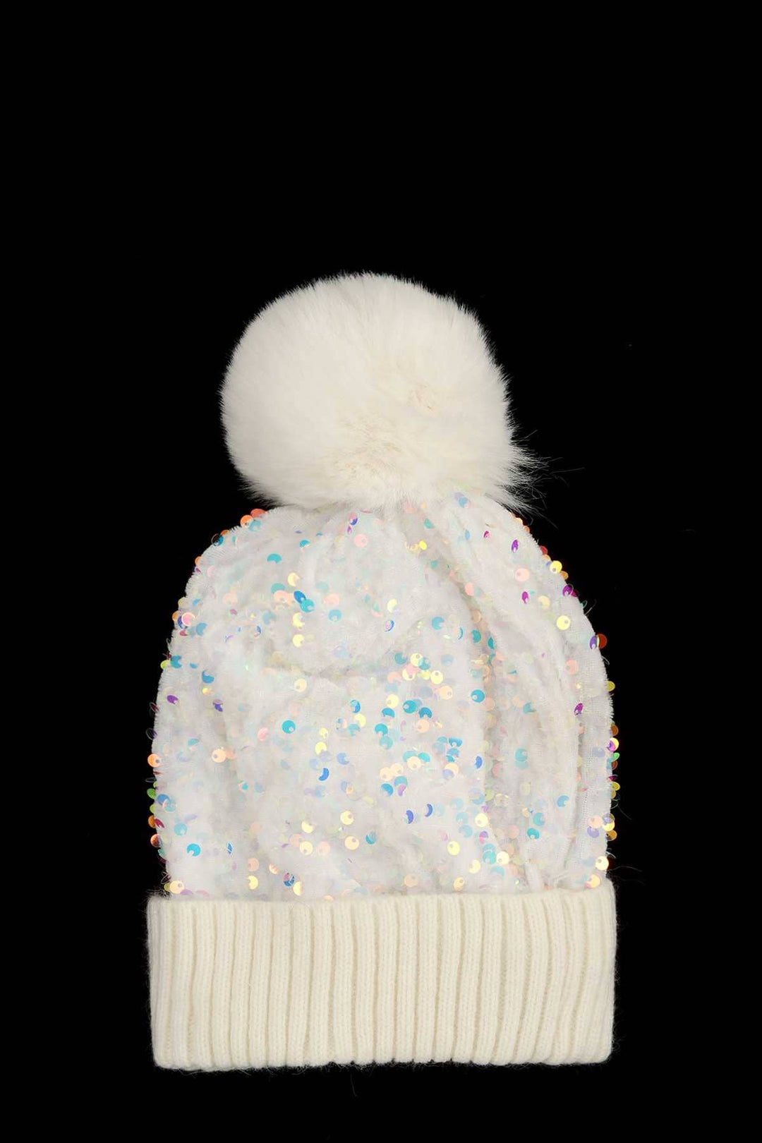 SEQUIN POM BEANIE HAT - WINTER WHITE