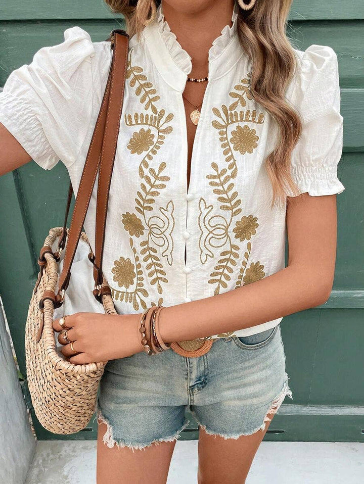 PUFF SLEEVE EMBROIDERED TOP - WHITE + APRICOT