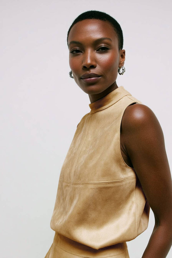 MOCK NECK VEGAN SUEDE TOP - SAND