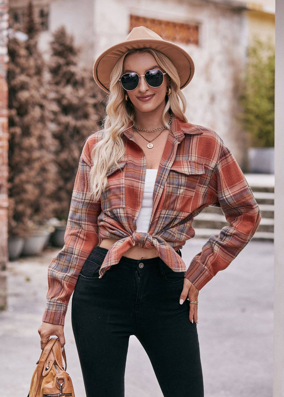 PLAID BUTTON DOWN LONG SLEEVE SHIRT - ORANGE