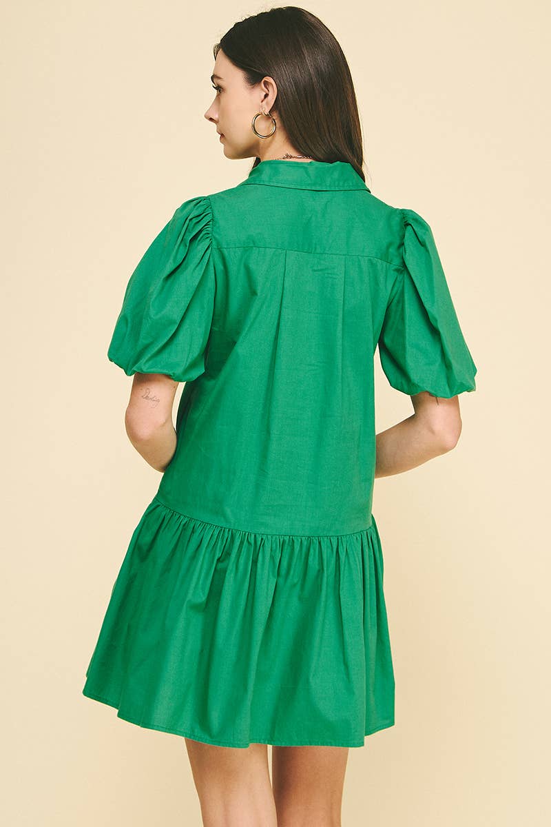 COLLARED TIERED MINI DRESS - KELLY GREEN