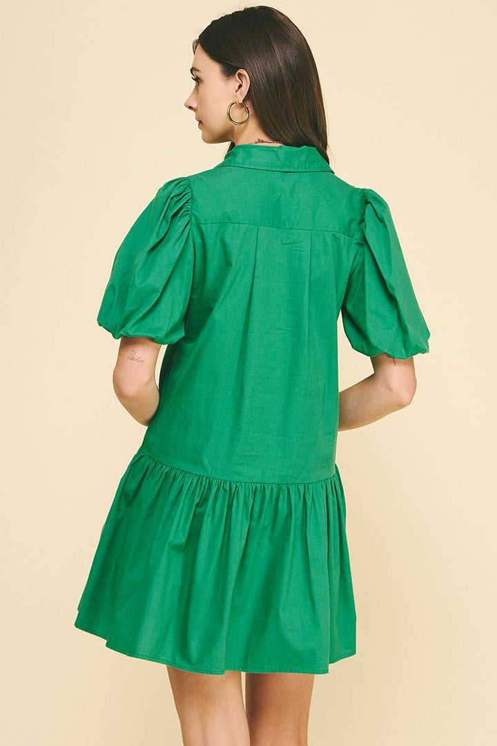 COLLARED TIERED MINI DRESS - KELLY GREEN