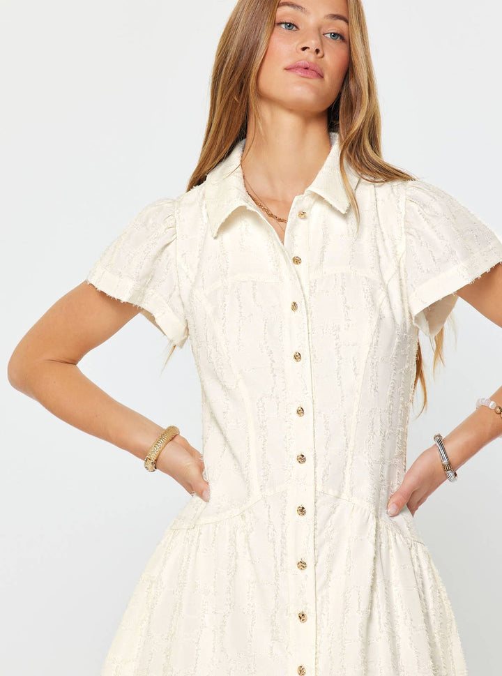 TEXTURED BUTTON DOWN MINI DRESS - CREAM