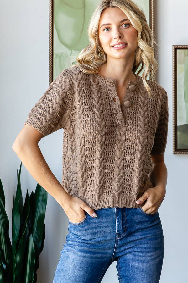 CABLE KNIT CROCHET SHORT SLEEVE SWEATER TOP - TAN