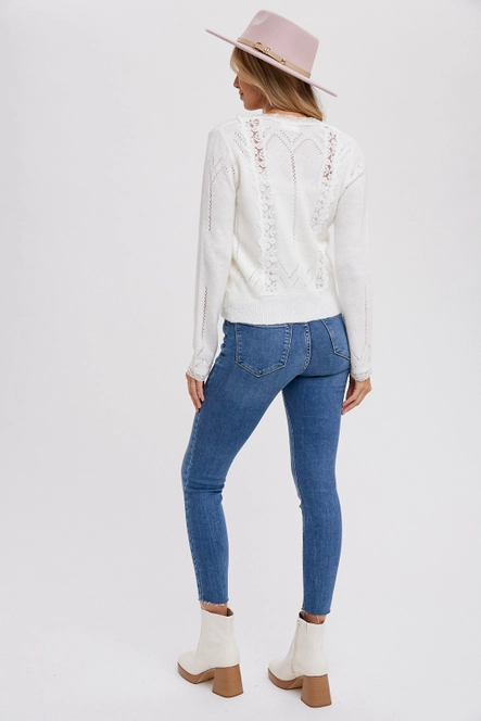 LACE TRIMMED KNIT CARDIGAN - IVORY