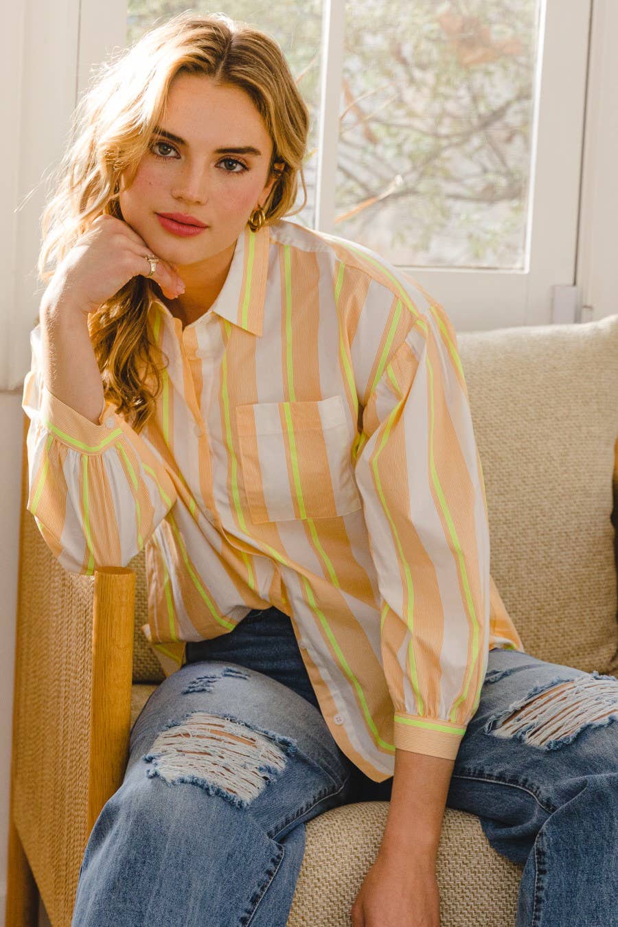 MULTI COLOR STRIPED SHIRT - ORANGE