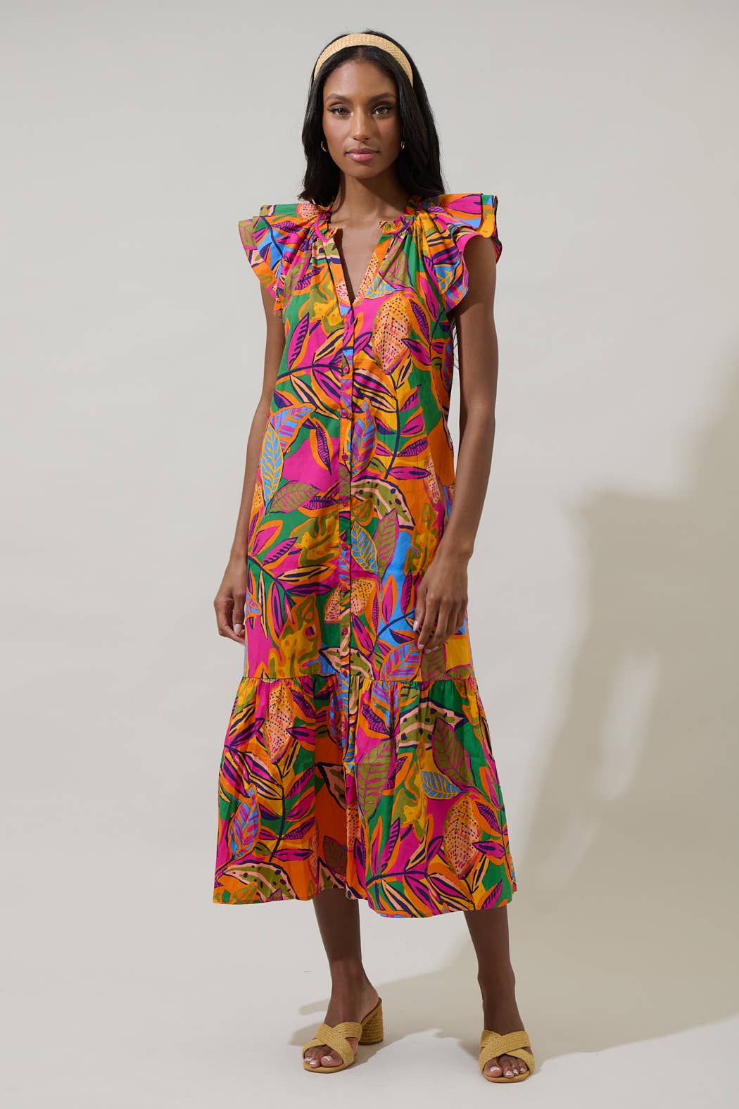 MILANA FLORAL DYNAMITE BUTTON DOWN MIDI DRESS - MULTI