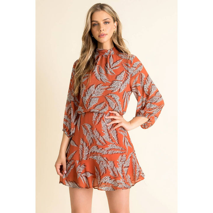 GEO PRINT MINI DRESS - BURNT SIENNA