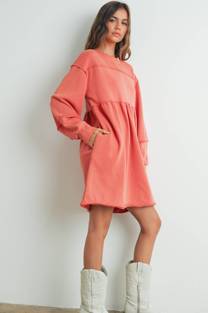 FULL SLEEVE MINI SWEATSHIRT DRESS - AUTUMN ORANGE