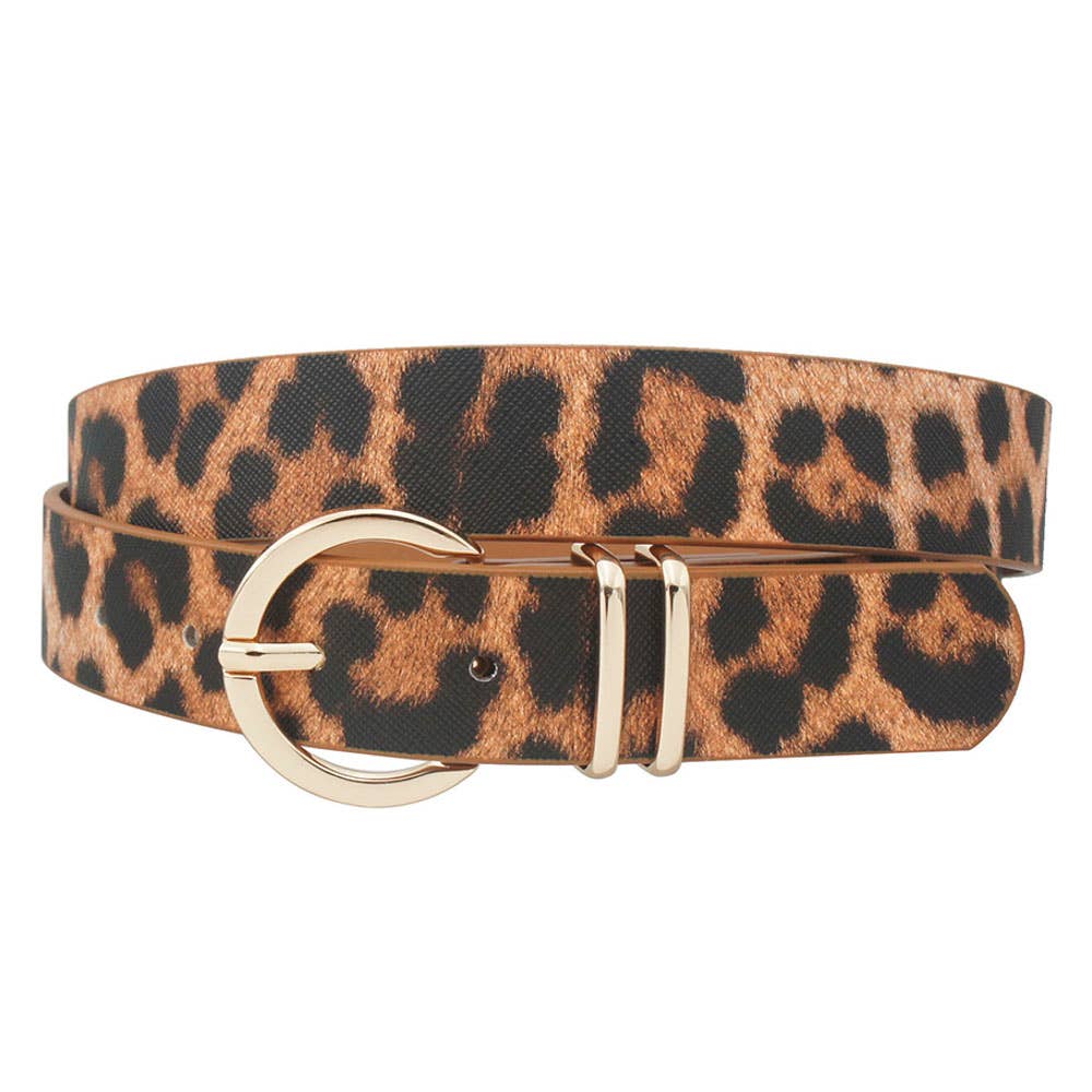 SAFFIANO LEOPARD DOUBLE METAL LOOP CIRCLE BUCKLE BELT