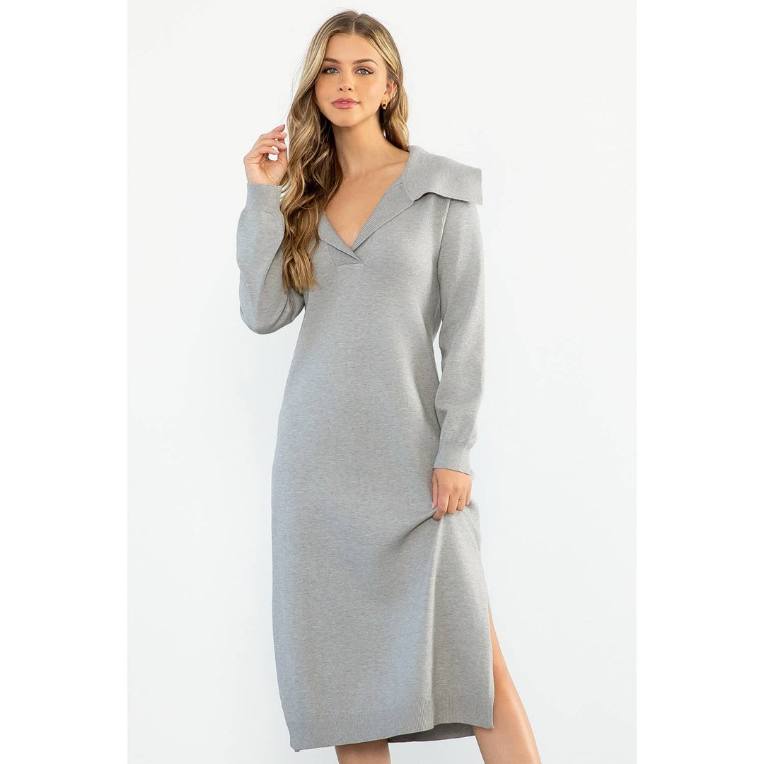 COLLARED SWEATER DRESS - GREY