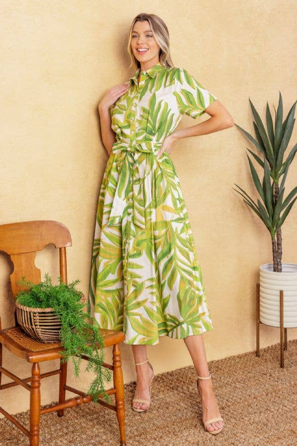 TROPICAL PALM PRINTED WOVEN MIDI DRESS - GREEN