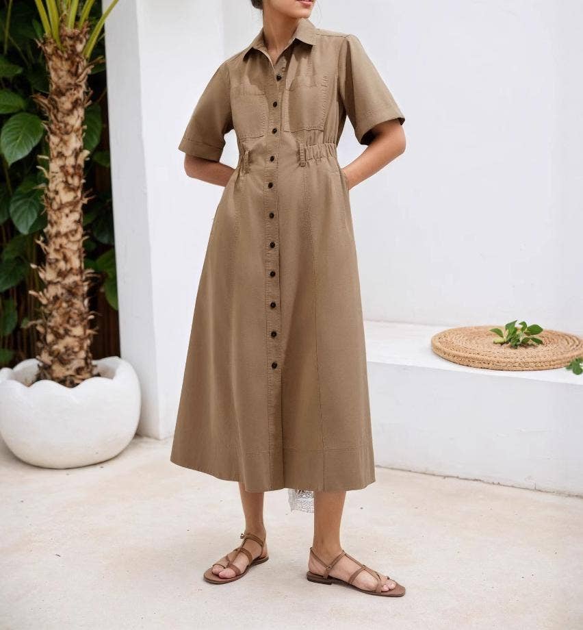 BUTTON DOWN MIDI SHIRT DRESS - KHAKI