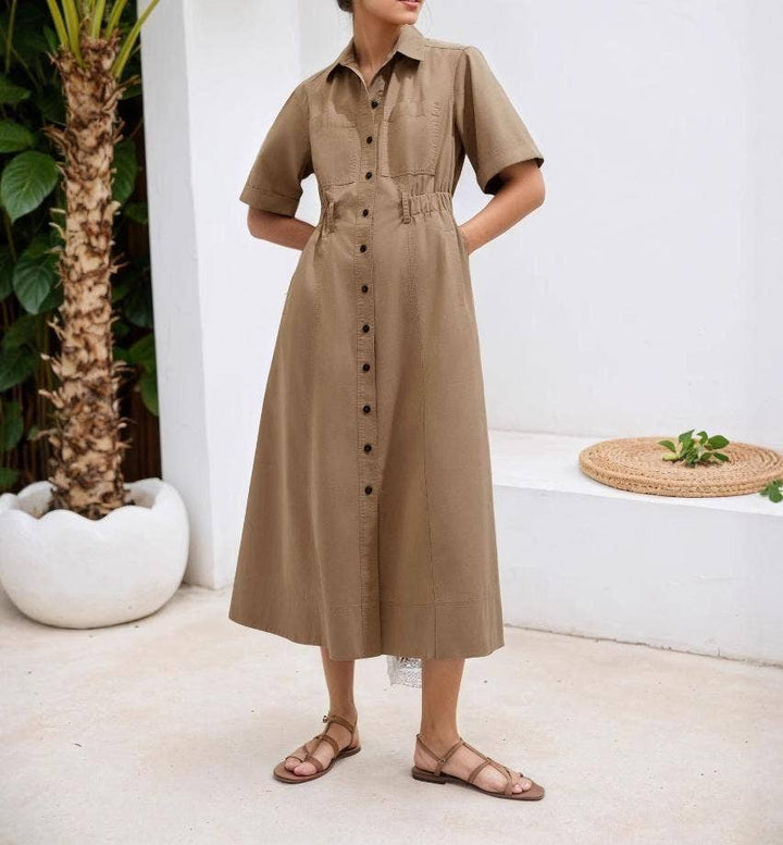BUTTON DOWN MIDI SHIRT DRESS - KHAKI