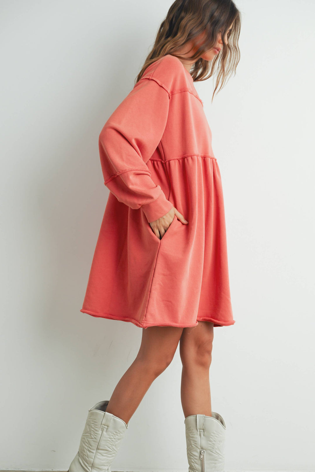 FULL SLEEVE MINI SWEATSHIRT DRESS - AUTUMN ORANGE