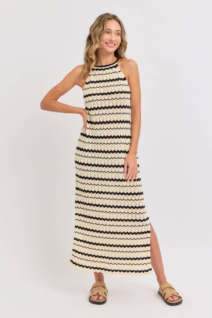 HALTER CROCHET KNIT MAXI DRESS - NATURAL
