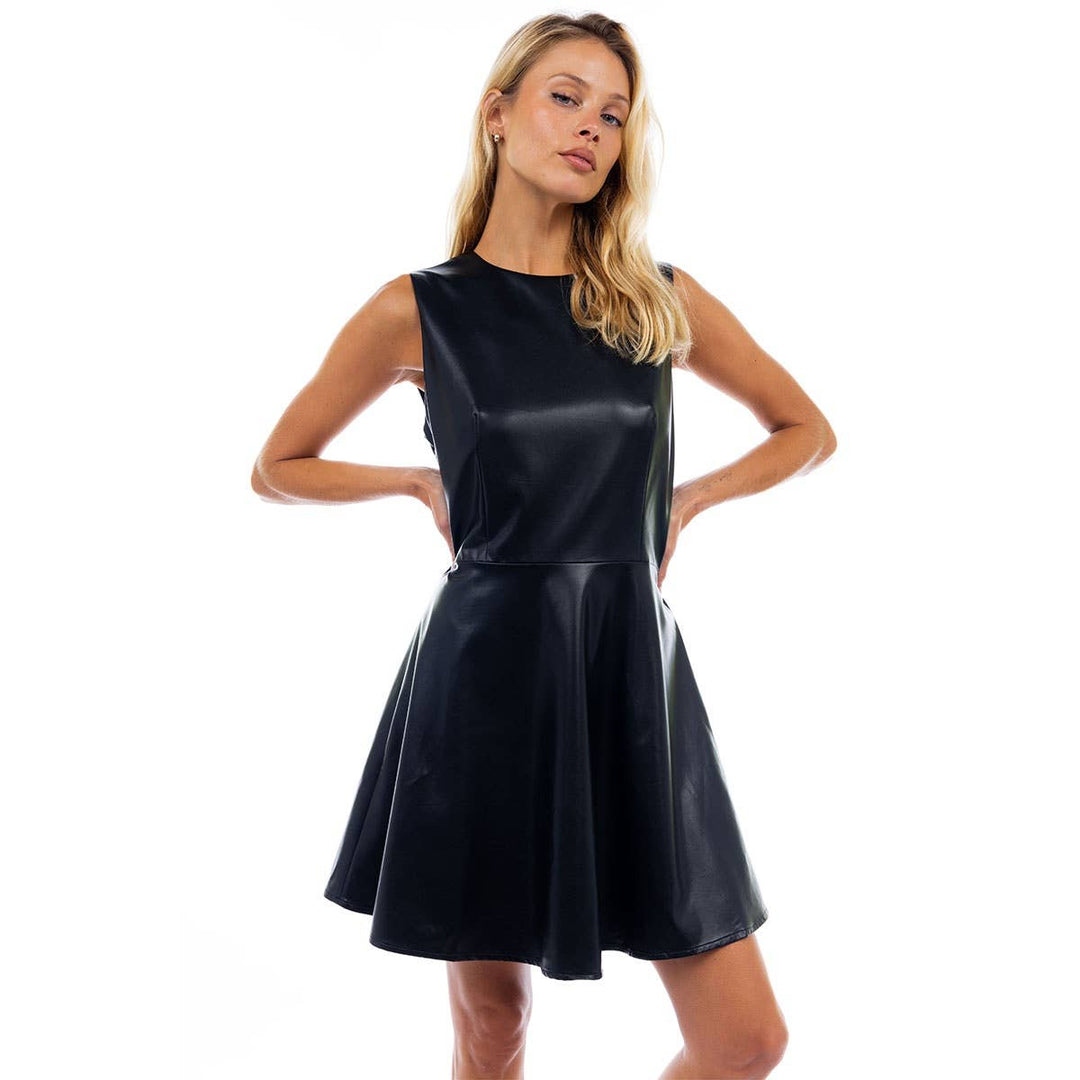 VEGAN LEATHER RACER NECK SKATER DRESS - OLIVE