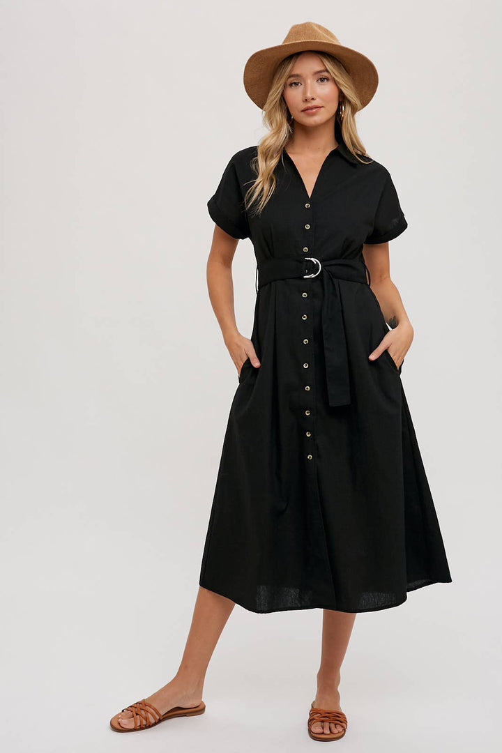 BUTTON DOWN BELTED MIDI DRESS - BLACK