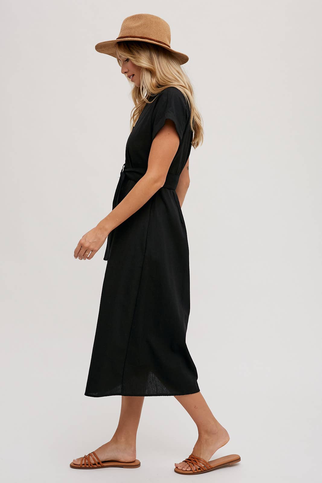 BUTTON DOWN BELTED MIDI DRESS - BLACK