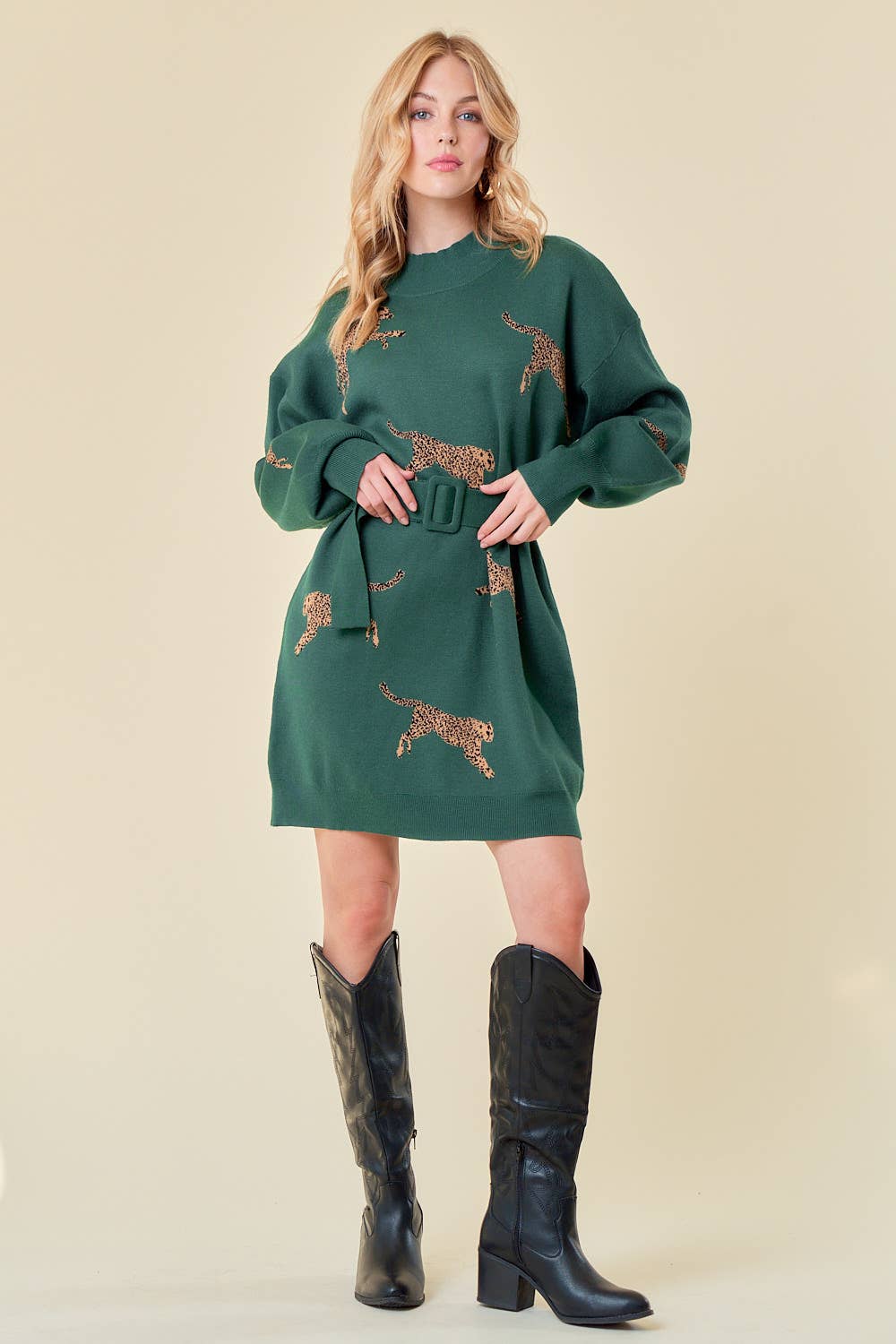 CHEETAH SWEATER BELTED MINI DRESS - GREEN