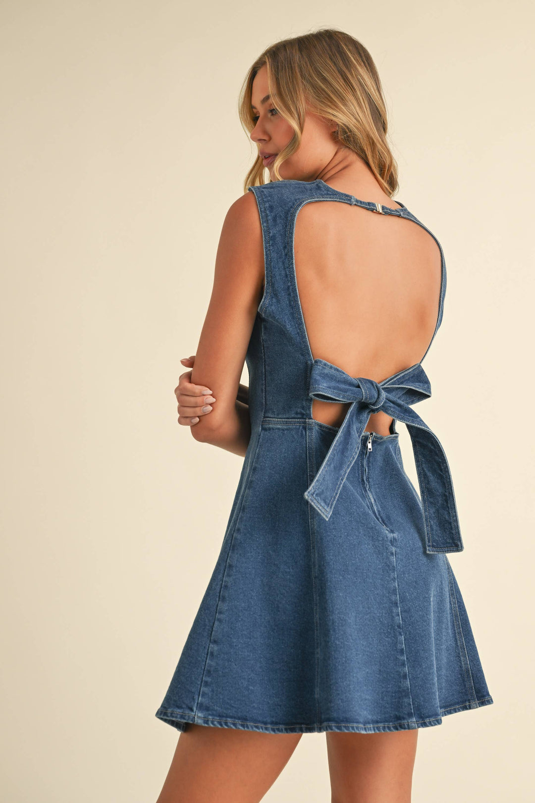 OPEN BACK DENIM A-LINE MINI DRESS - DARK WASH