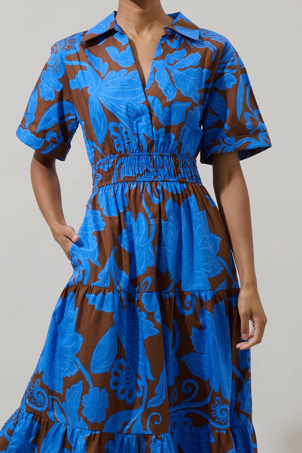 OFELIA FLORAL MILAH TIERED COLLARED MAXI DRESS - BLUE + BROWN