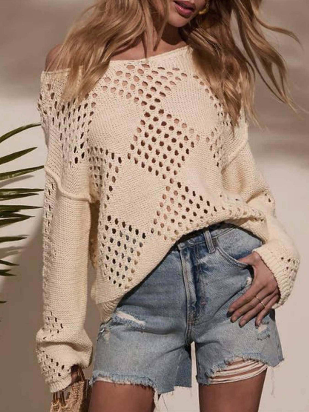 OPEN-WEAVE OFF SHOULDER CROCHET SWEATER - BEIGE