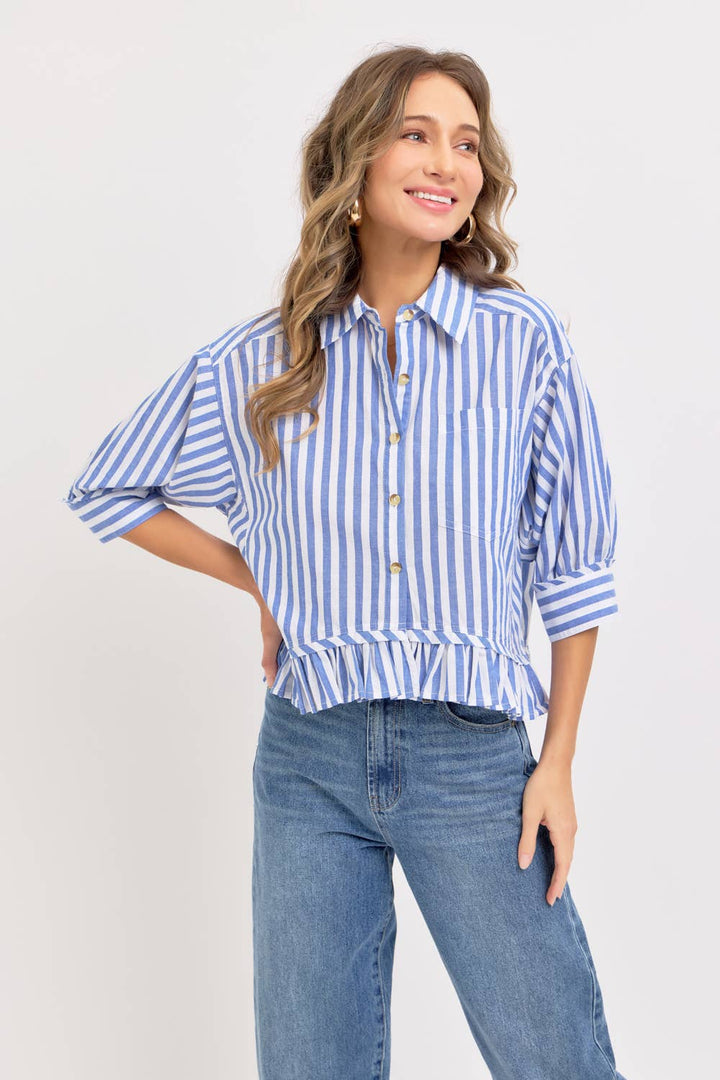 MODERN BUTTON DOWN STRIPED SHIRT - BLUE