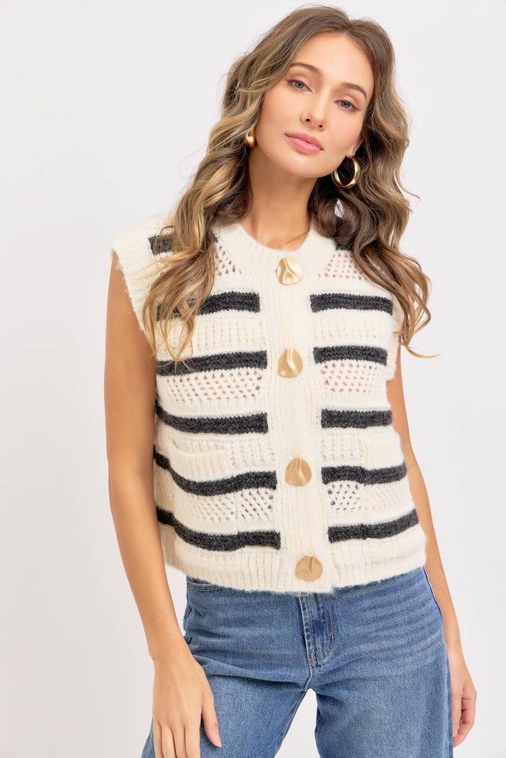 STRIPE SWEATER KNIT SLEEVELESS TOP - CREAM + NAVY