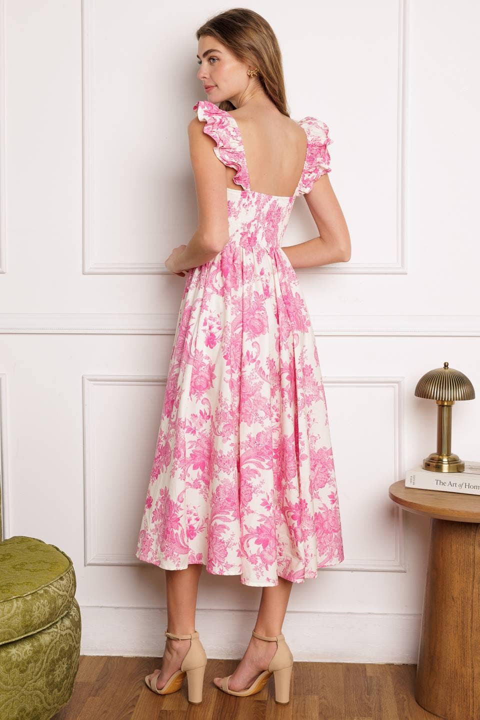 FLORAL PRINTED WOVEN MIDI DRESS - PETAL PINK