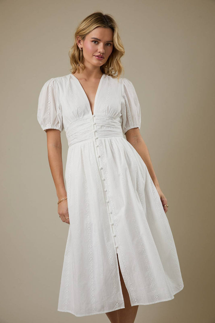 BUTTON DOWN FIT + FLARE EYELET MIDI DRESS - WHITE