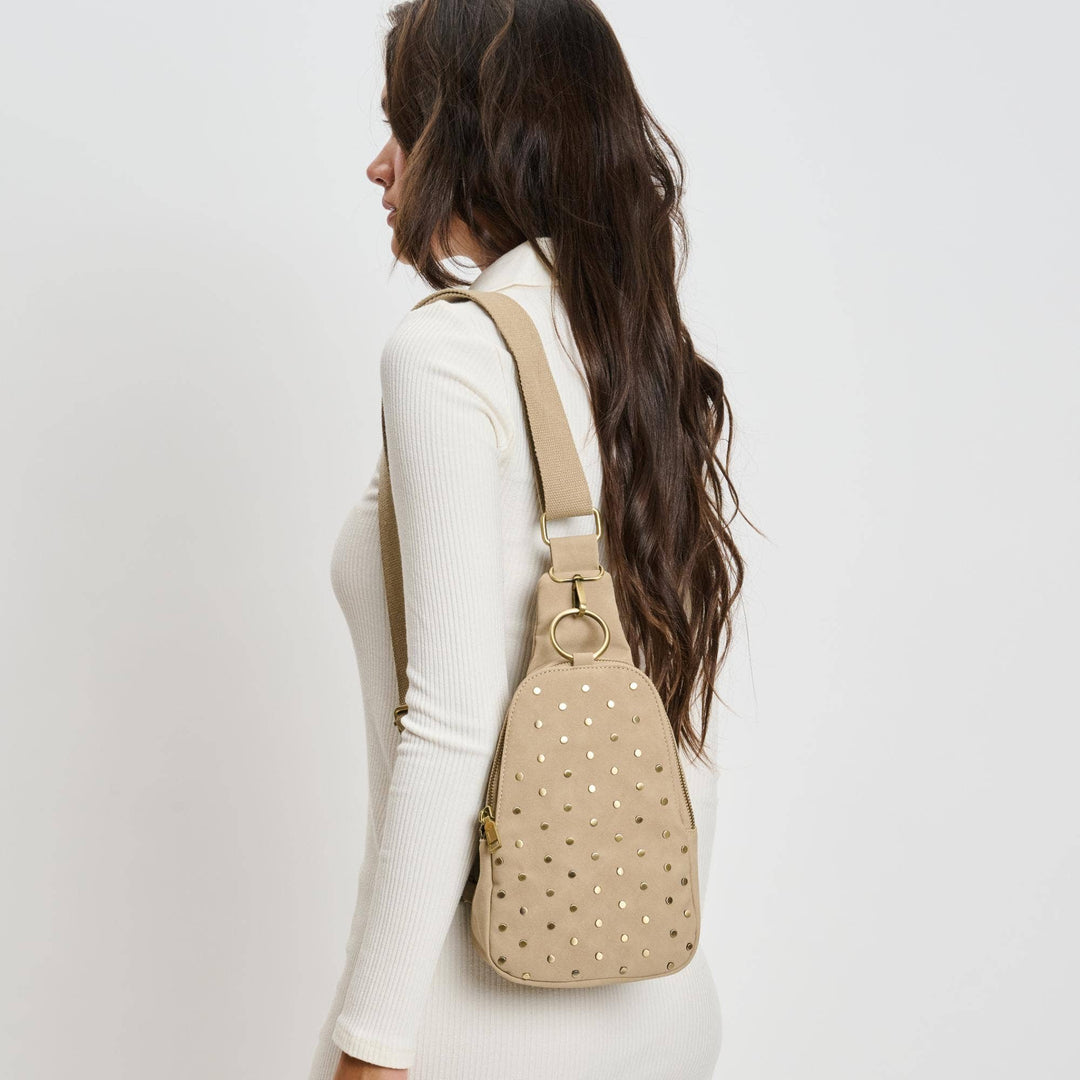 REGINA STUDDED VEGAN LEATHER SLING BACKPACK