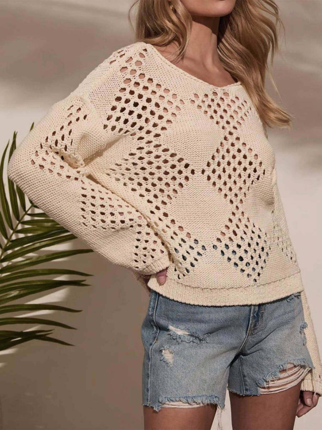 OPEN-WEAVE OFF SHOULDER CROCHET SWEATER - BEIGE