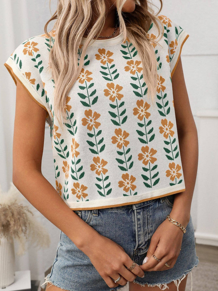SHORT SLEEVE CROPPED KNIT FLORAL SWEATER - KHAKI