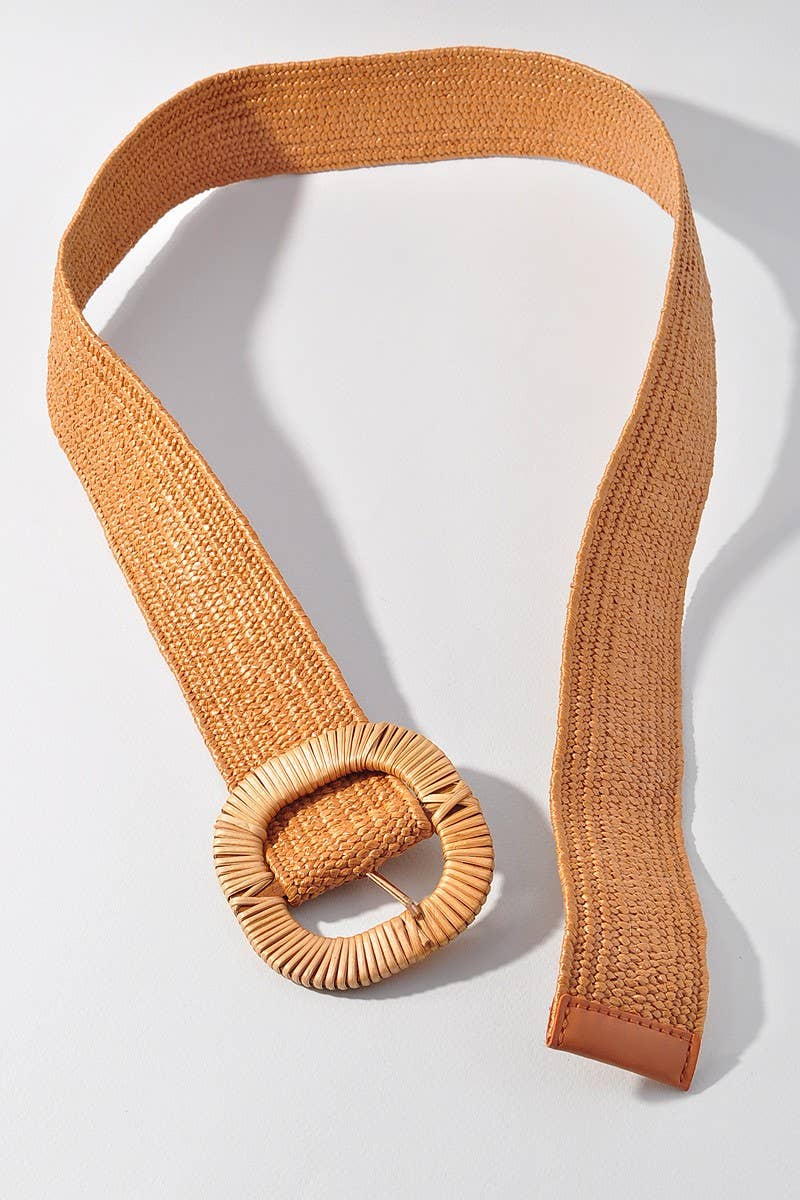 ROUNDED SQUARE BUCKLE STRETCH STRAW BELT - TAN