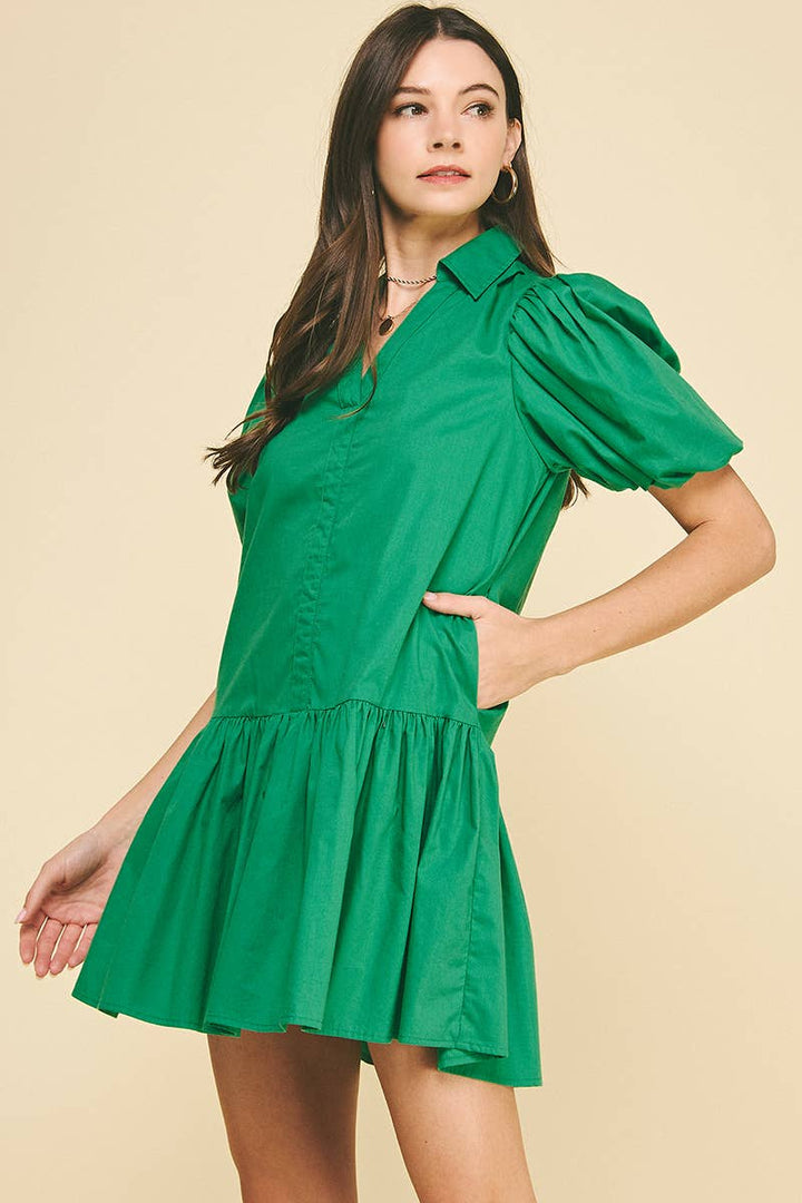 COLLARED TIERED MINI DRESS - KELLY GREEN