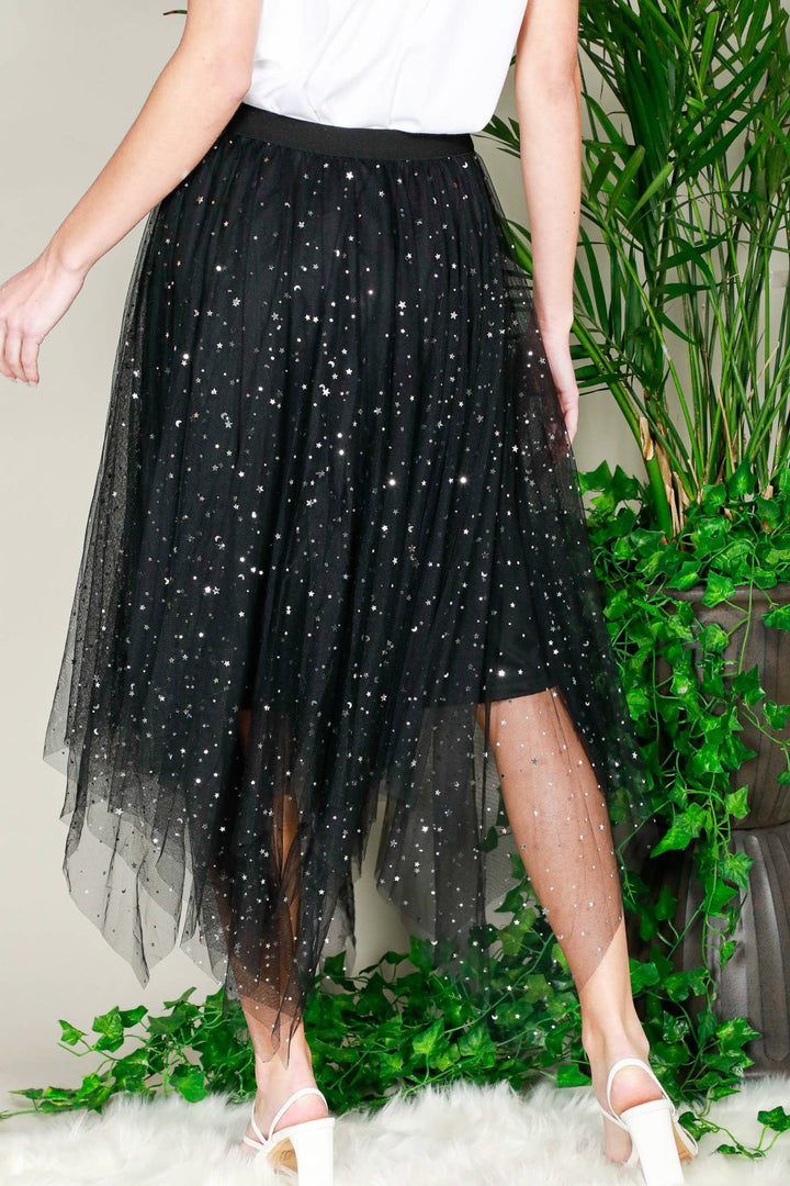 STAR PATTERNED TULLE MIDI SKIRT - BLACK