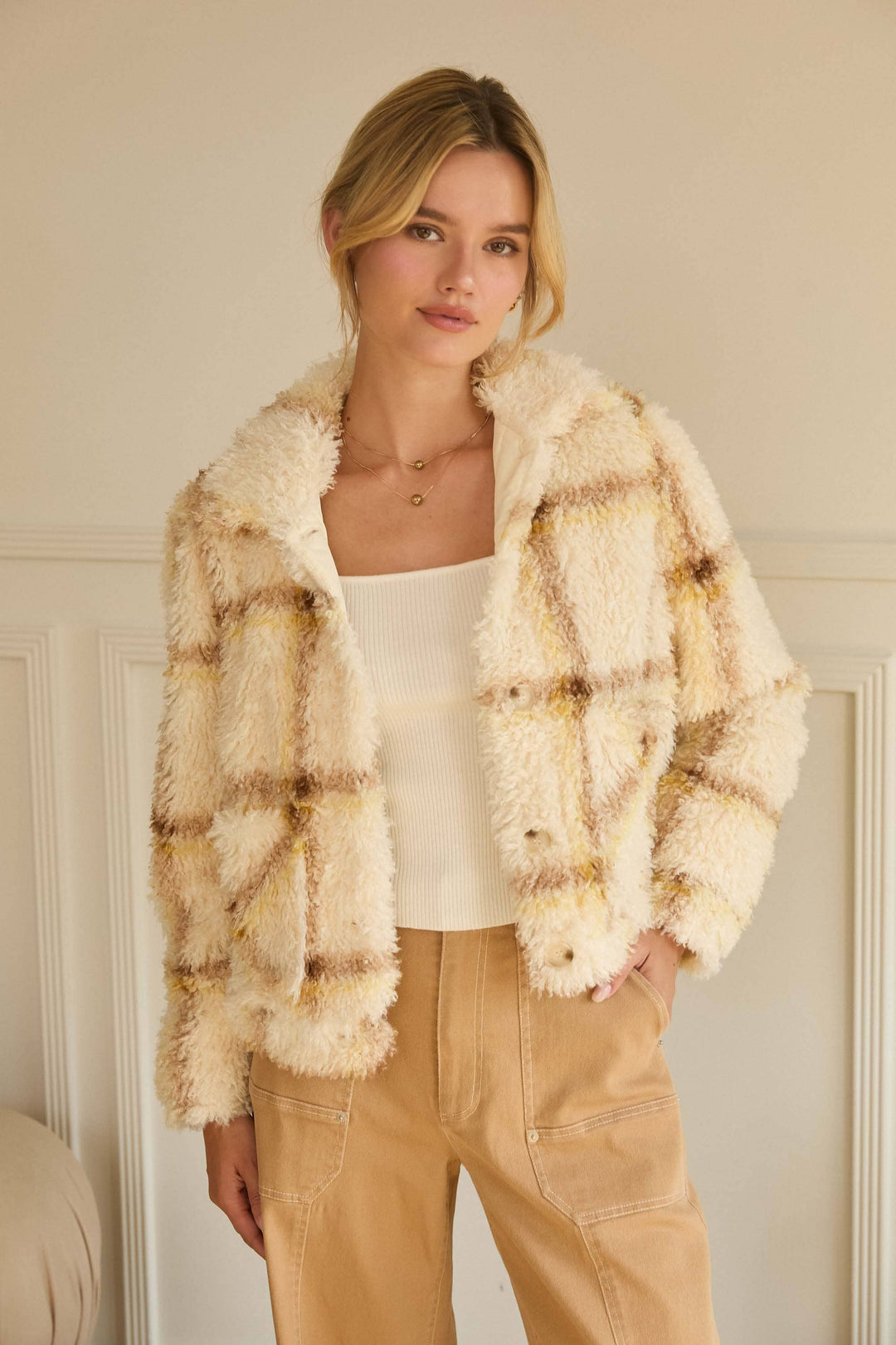 SHERPA PLAID BUTTON DOWN SHIRT JACKET - CREAM