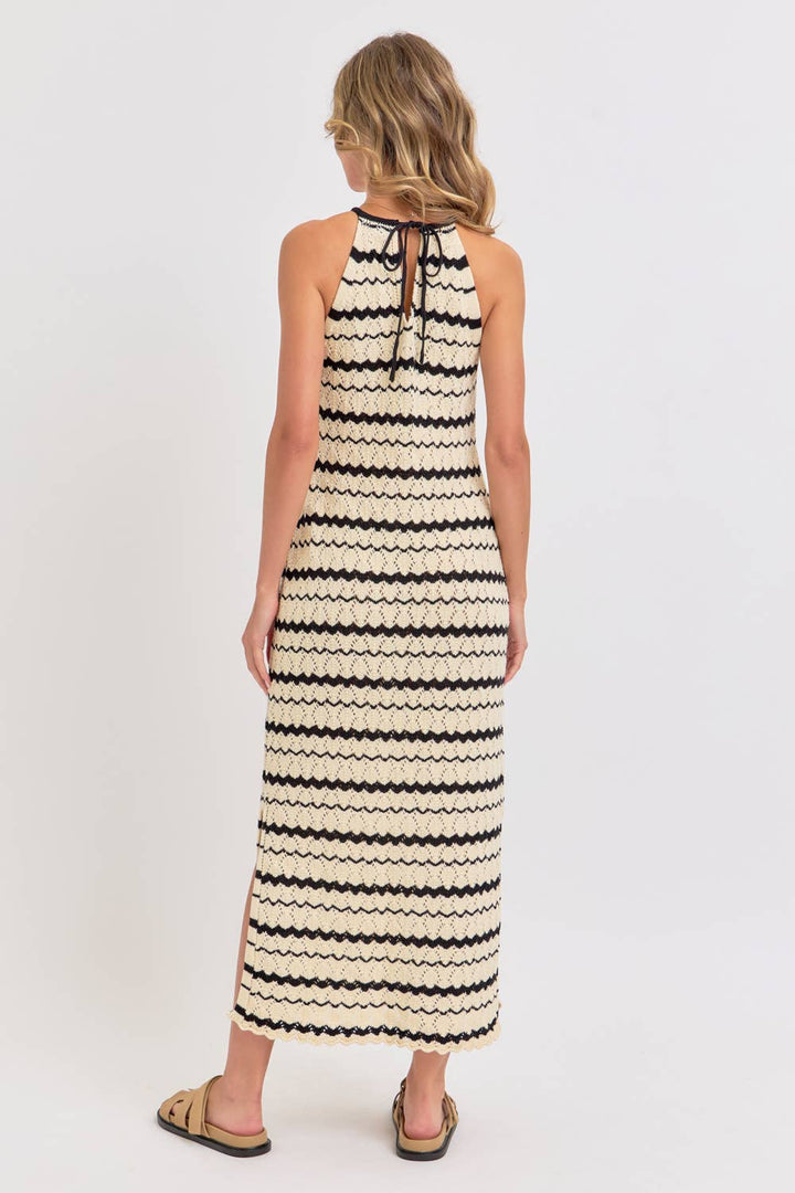 HALTER CROCHET KNIT MAXI DRESS - NATURAL