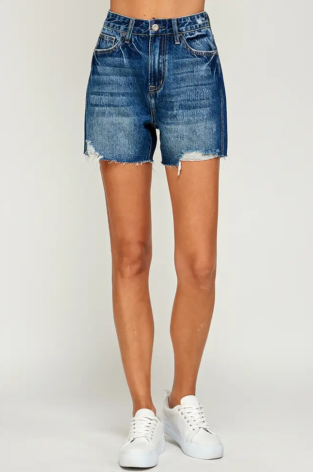 DARK WASH HIGH RISE 4" INSEAM DENIM SHORTS - BLUE